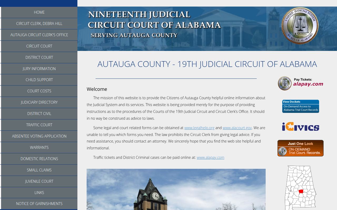 Autauga County Circuit Court website showing 19th Judicial Circuit court information and case search access