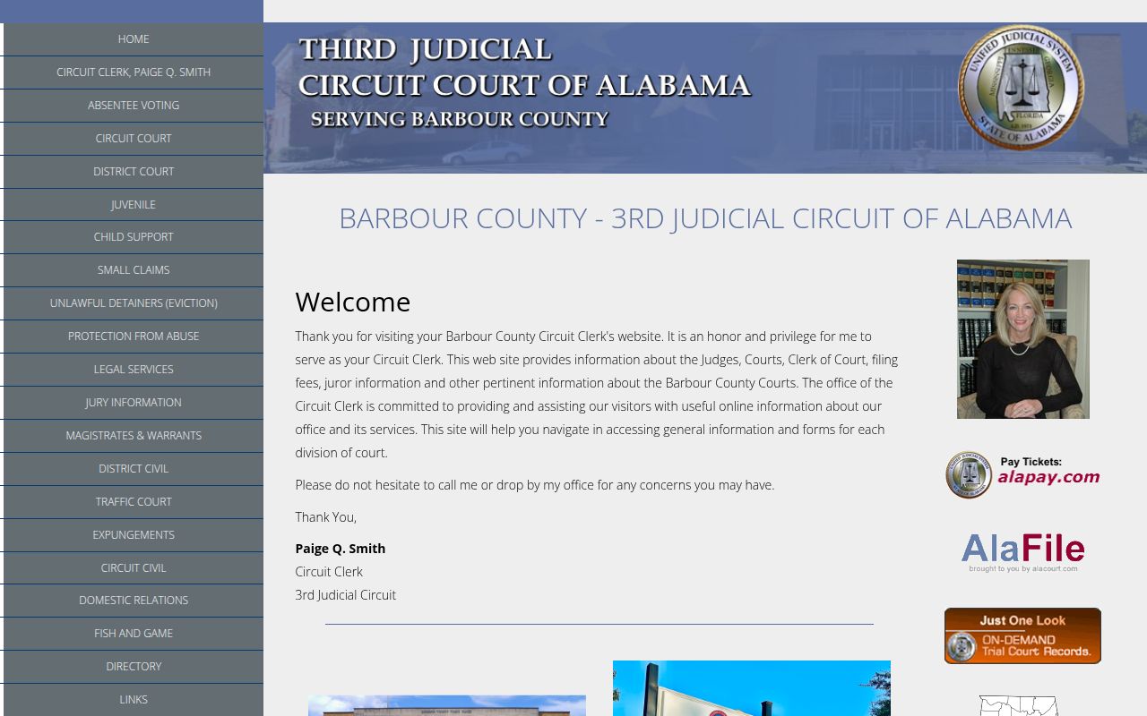 Barbour County Circuit Court website showing 3rd Judicial Circuit court information and case access