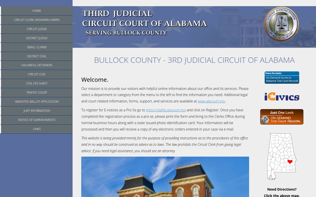 Bullock County Circuit Court website showing 3rd Judicial Circuit court information
