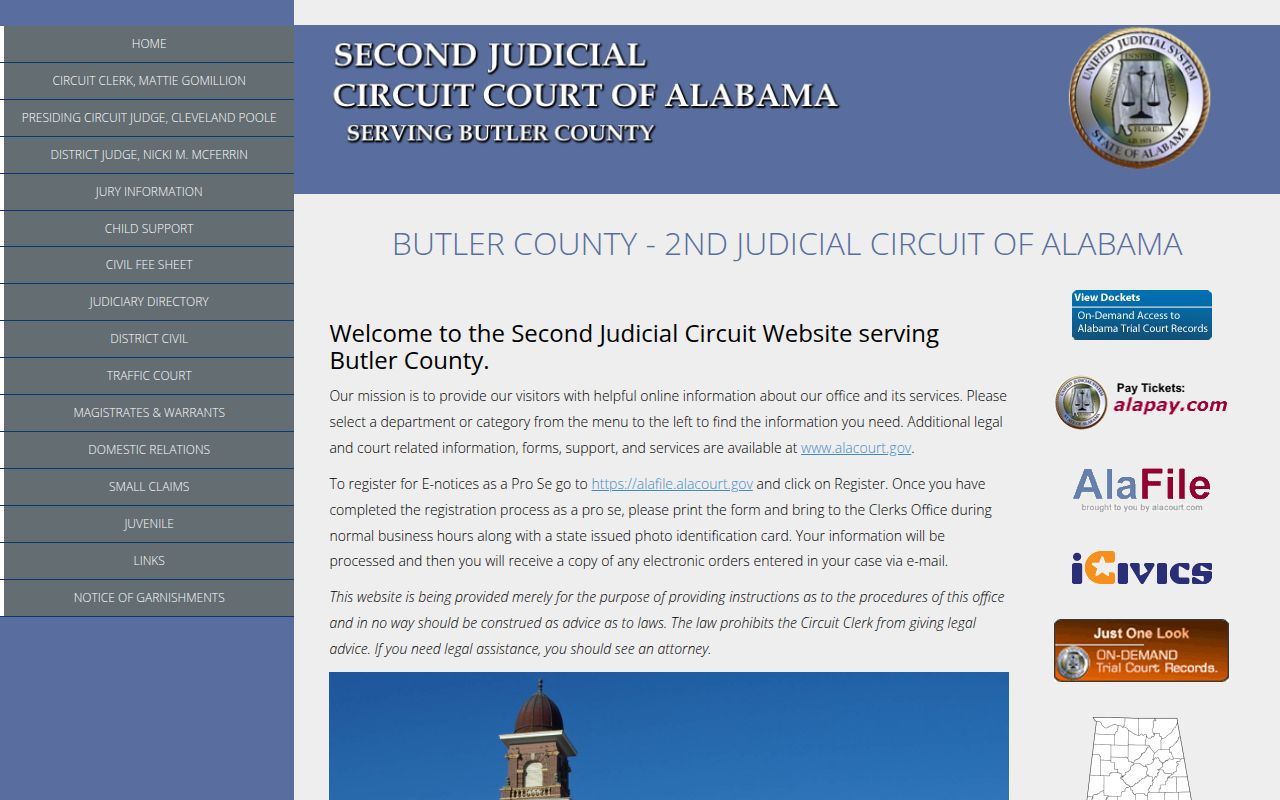 Butler County Circuit Court website showing 2nd Judicial Circuit court information