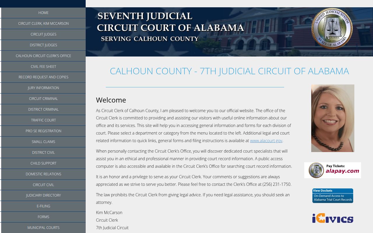 Calhoun County Circuit Court website showing 7th Judicial Circuit court information and case access