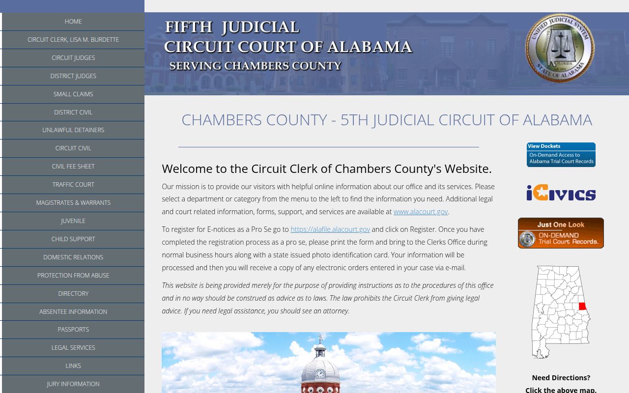 Chambers County Circuit Court website showing 5th Judicial Circuit court information