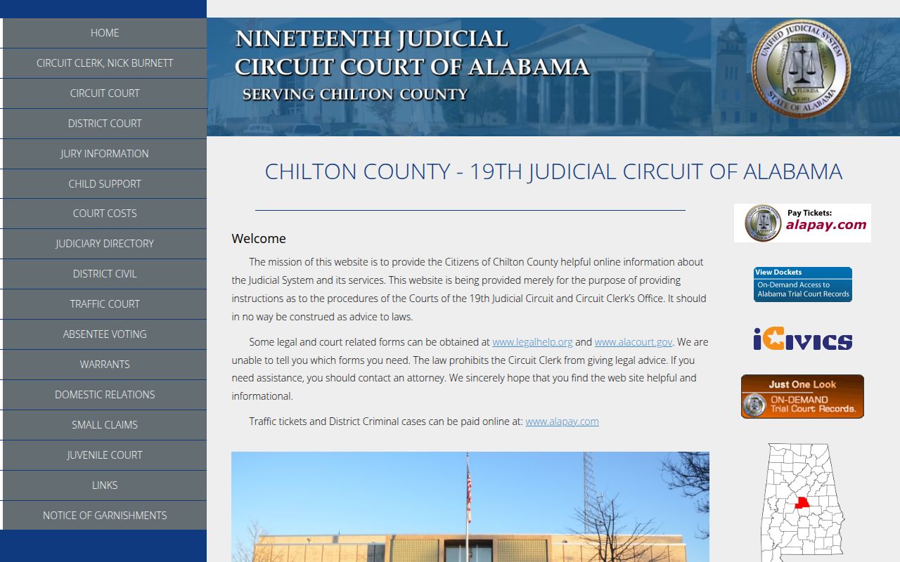 Chilton County Circuit Court website showing 19th Judicial Circuit court information