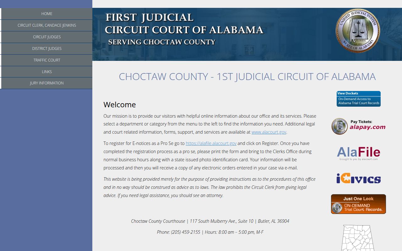 Choctaw County Circuit Court website showing 13th Judicial Circuit court information