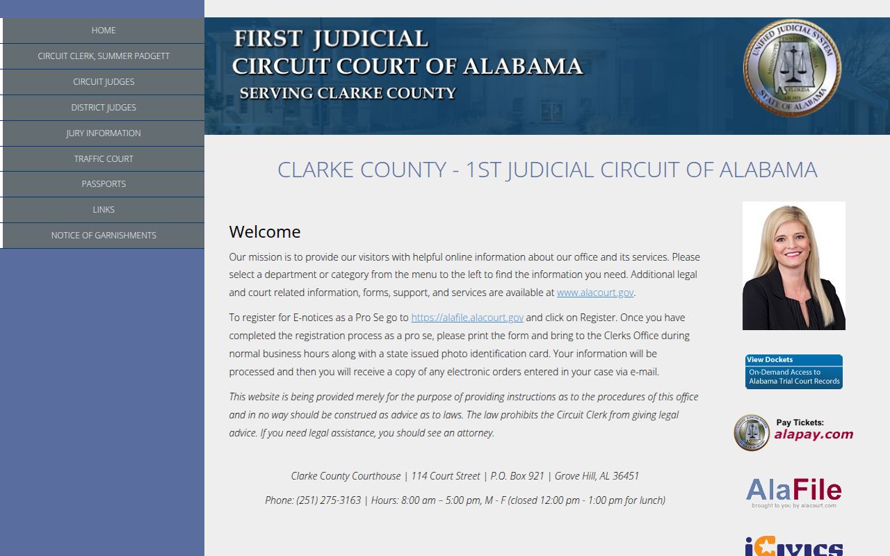Clarke County Circuit Court website showing 1st Judicial Circuit court information and case search access