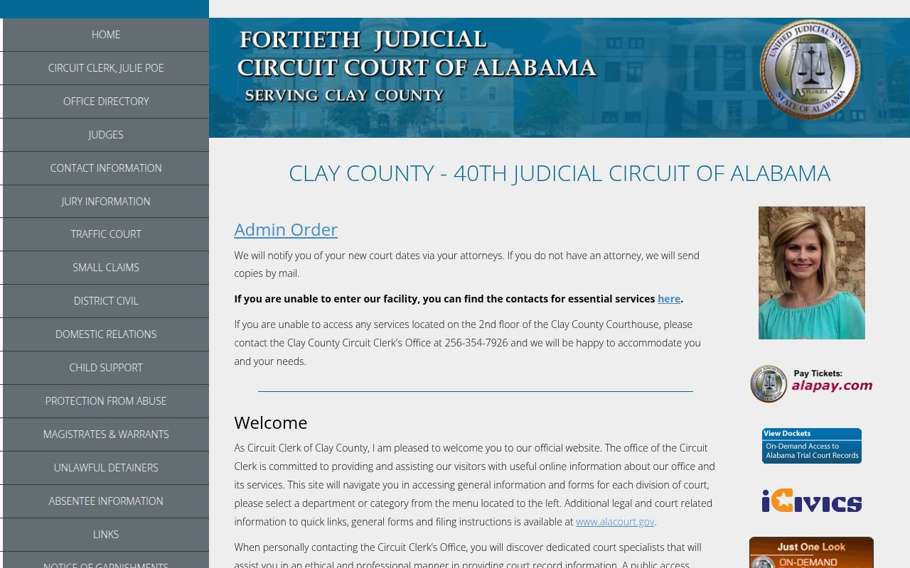 Clay County Circuit Court website showing 40th Judicial Circuit court information and case search access
