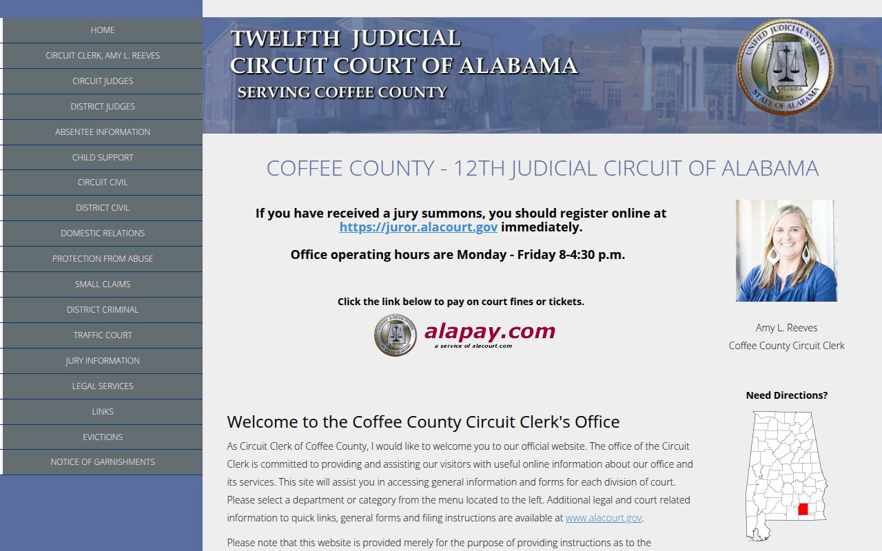Coffee County Circuit Court website showing 12th Judicial Circuit court information and case search access