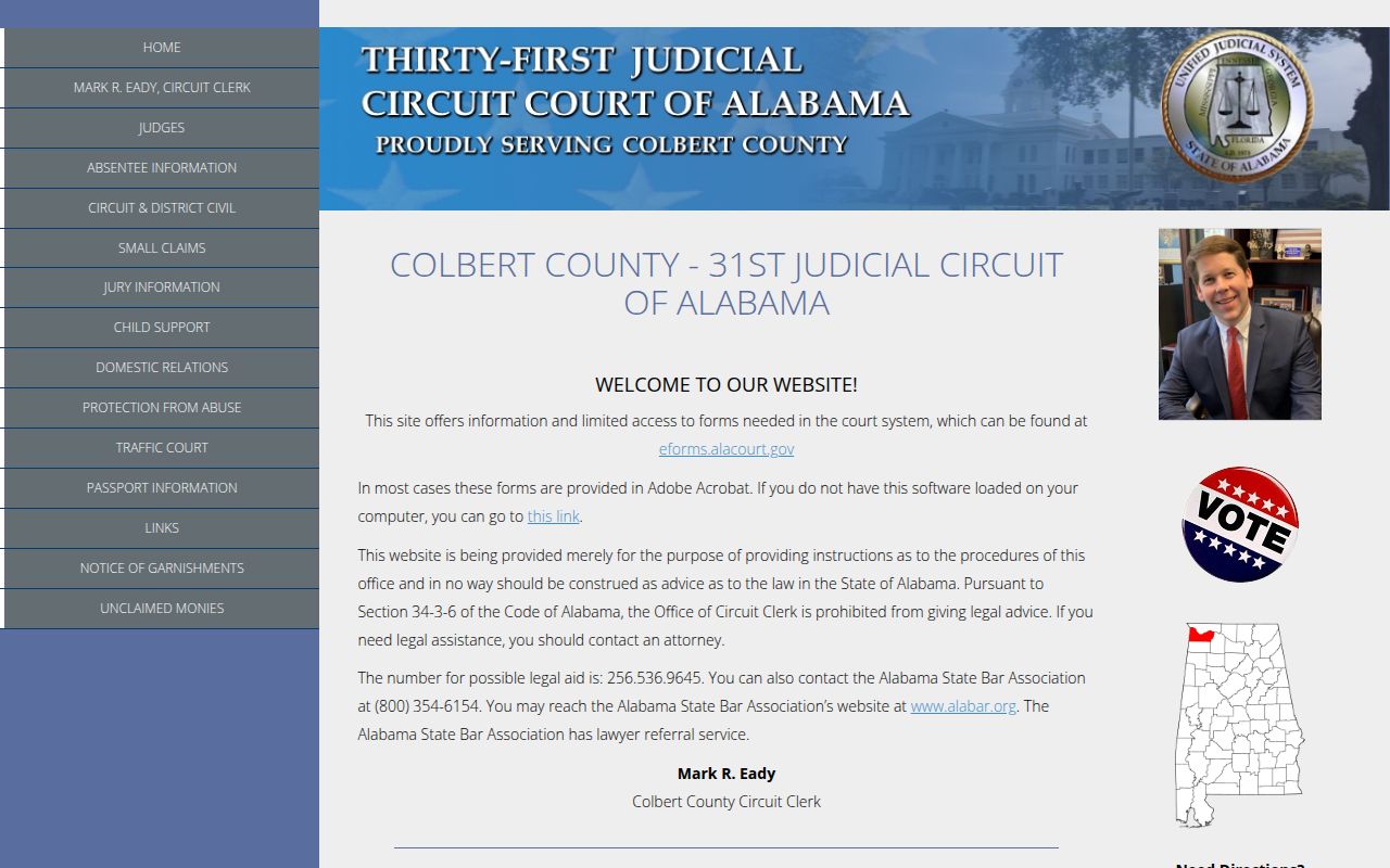 Colbert County Circuit Court website showing 31st Judicial Circuit court information and case search access