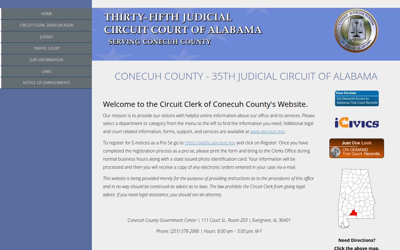 Conecuh County Circuit Court website showing 35th Judicial Circuit court information and case search access