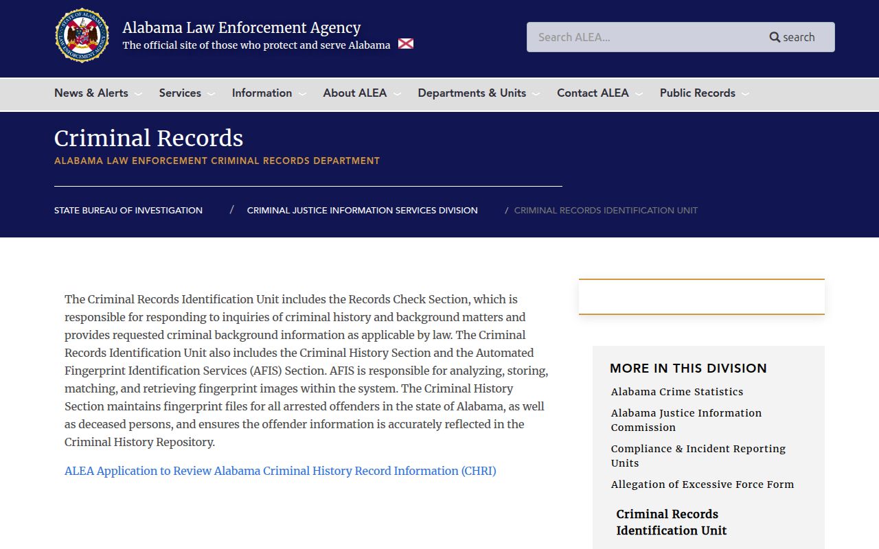 Alabama Law Enforcement Agency Criminal Records webpage showing background check application process