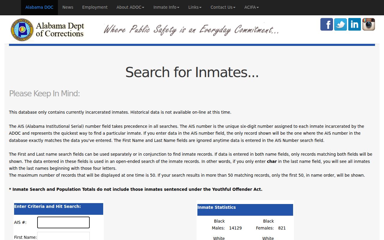 Alabama Department of Corrections inmate search portal showing search fields and database access
