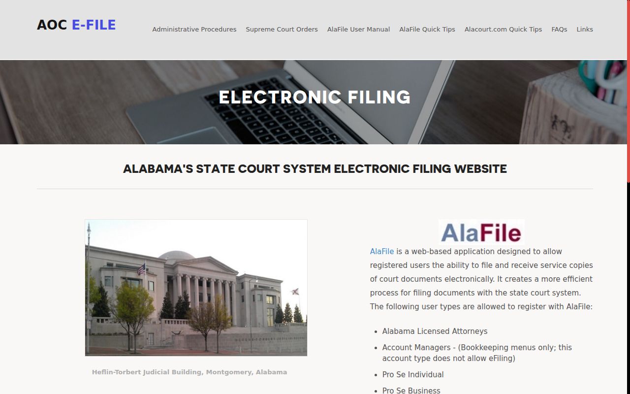 Alabama AlaFile electronic filing portal for court documents